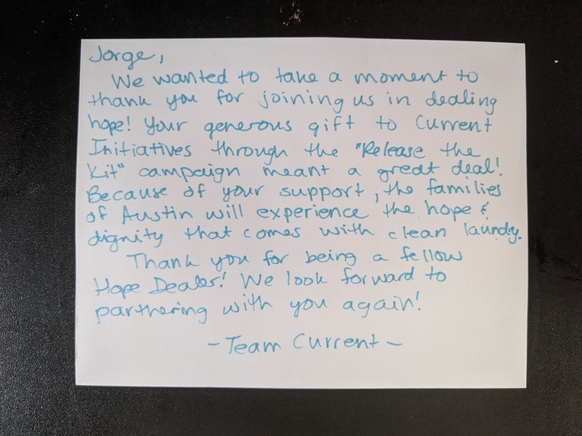 ChiquilinCenTex's tweet photo. Wow!!!! I received in the mail a hand written note from @engagecurrent thanking me for participating in the #ReleaseTheKit started by @au_trout and donating to #TheLaundryProject Way to make my day. Also, please donate https://t.co/qokMyyPE6N @LosVerdesATX @AustinAnthem https://t.co/wrs6YfYkW2