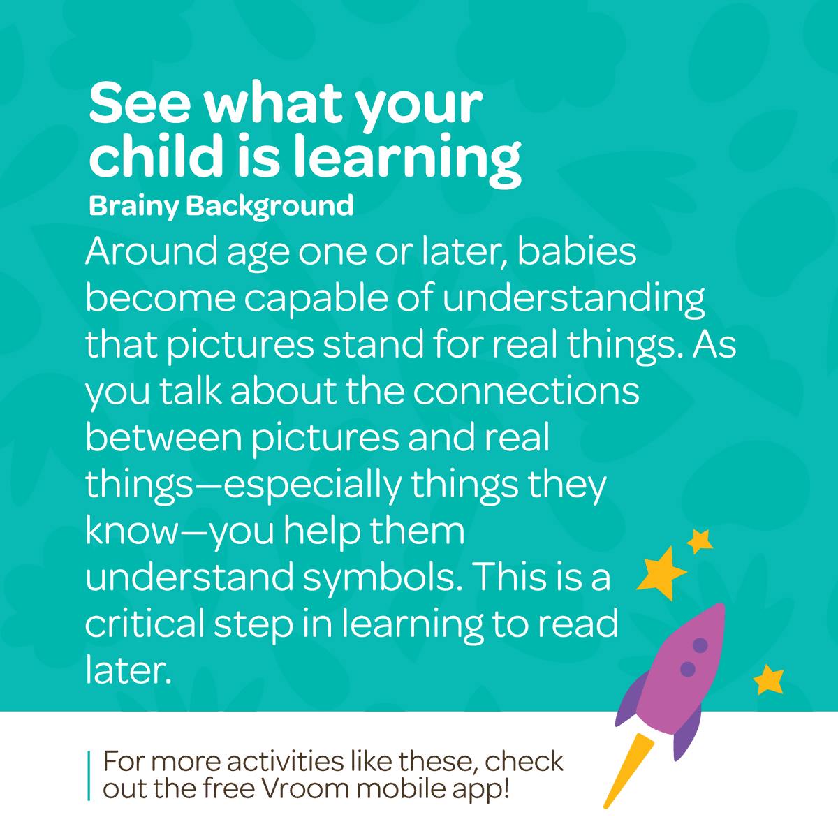 joinvroom's tweet photo. DYK that at ~1yo babies start to understand that pics=real things? Try this #VroomTip next time you're reading a magazine: point at a pic & chat about it with your 1-2yo. Let them pick the next picture and talk about what you see together. Here's the #BrainyBackground. https://t.co/OYsfYciAZO