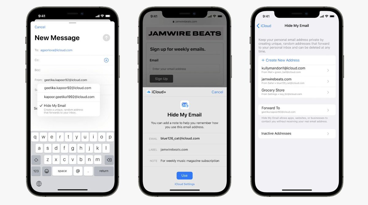 GYXdeals's tweet photo. iCloud+ announced: Hide My Email gives you a dummy email address that forwards to your actual email. 
 
Other Features:
- Private Relay (similar to a VPN)
- HomeKit secure video
- All the festures from iCloud
- Same price as before https://t.co/2P2URJ7lsu