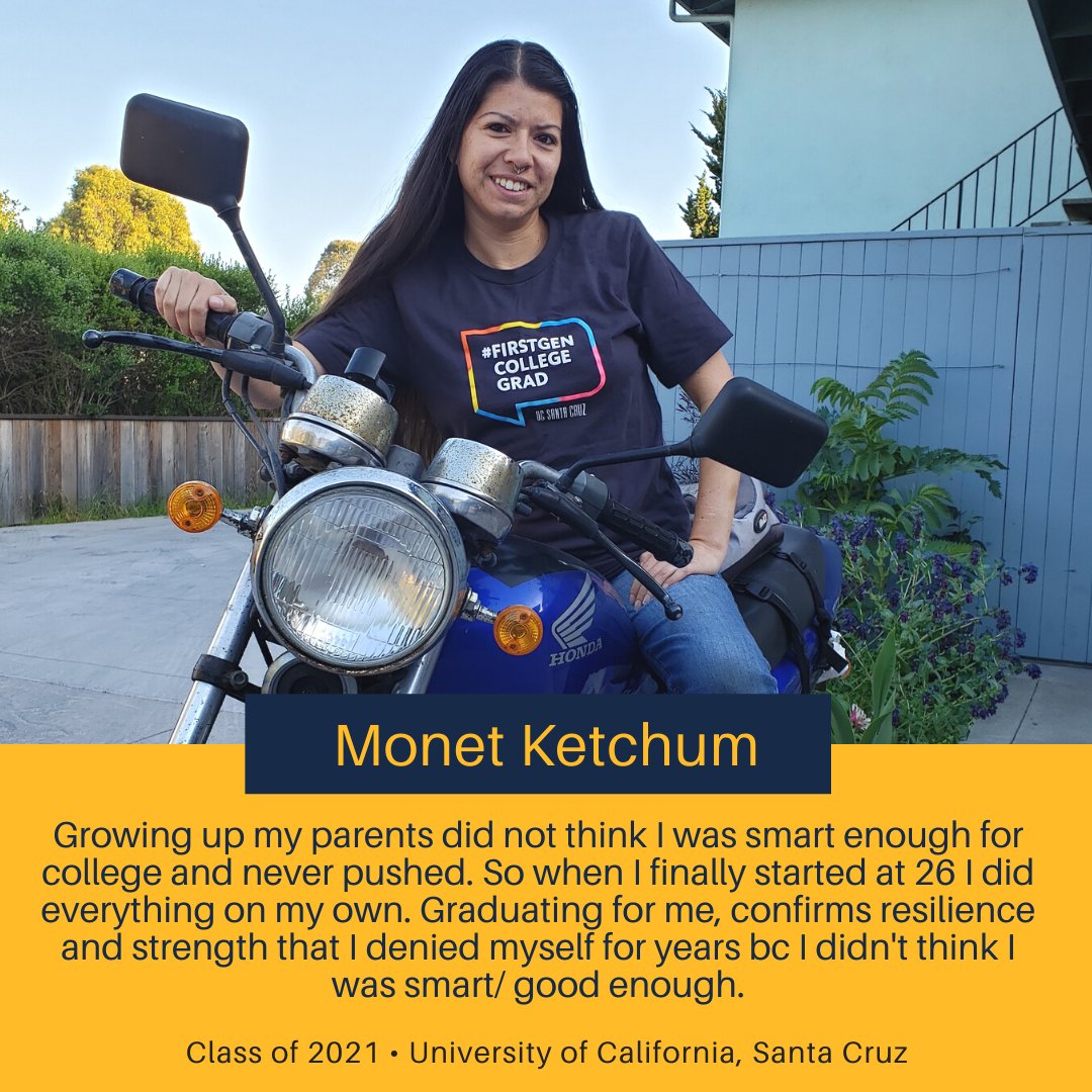 FirstGenUCSC's tweet photo. FGI presents Monet as our next #firstgen grad! Here is what Monet had to say when asked: "What does it mean to you to be graduating as a first-generation college student?" 
#UCFirstGen #ucsc https://t.co/W3NNYsvpwU