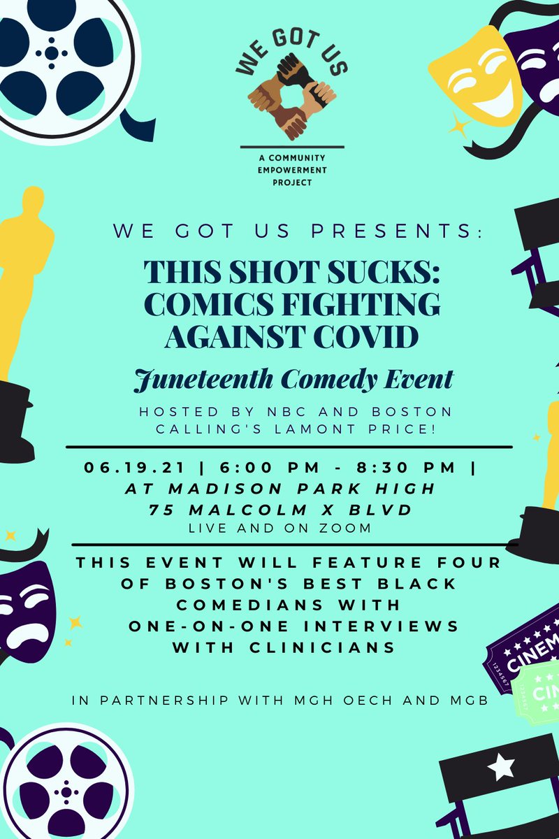 The vaccines are helping Black communities reconnect &amp; rebuild. This Juneteenth we are celebrating that with an in-person &amp; virtual comedy event at Madison Park High. This event will feature 4 comedians &amp; 4 doctors as they discuss the impact of the pandemic on Black Americans 3/4