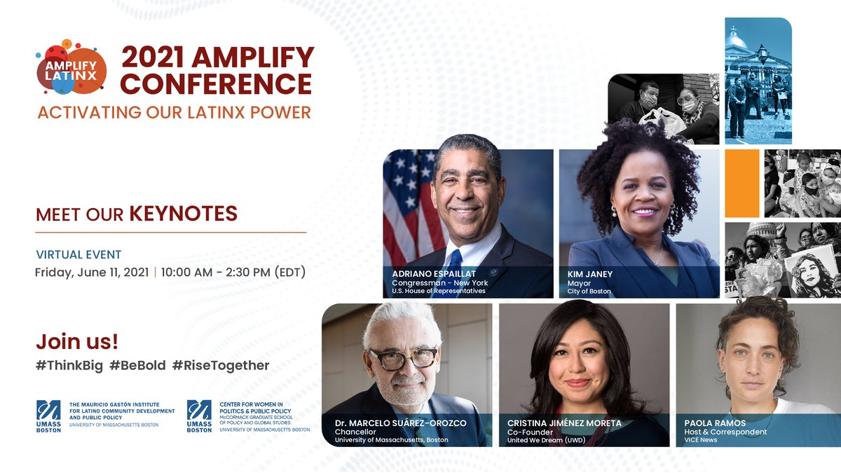 Meet our Keynote Speakers for the 2021 Amplify Latinx Conference! 🗣️ Friday, June 11th from 10AM - 2:30PM (EDT) <a href="/RepEspaillat/">Adriano Espaillat</a> <a href="/MayorKimJaney/">Kim Janey</a> <a href="/MSuarezOrozco/">Marcelo Suárez-Orozco</a> <a href="/CrisAlexJimenez/">Cristina Jiménez (she/ella)</a> <a href="/paoramos/">Paola Ramos</a>

☑️ RSVP TODAY: hubs.li/H0PHB970

#ThinkBig #BeBold #RiseTogether #2021AmplifyConference