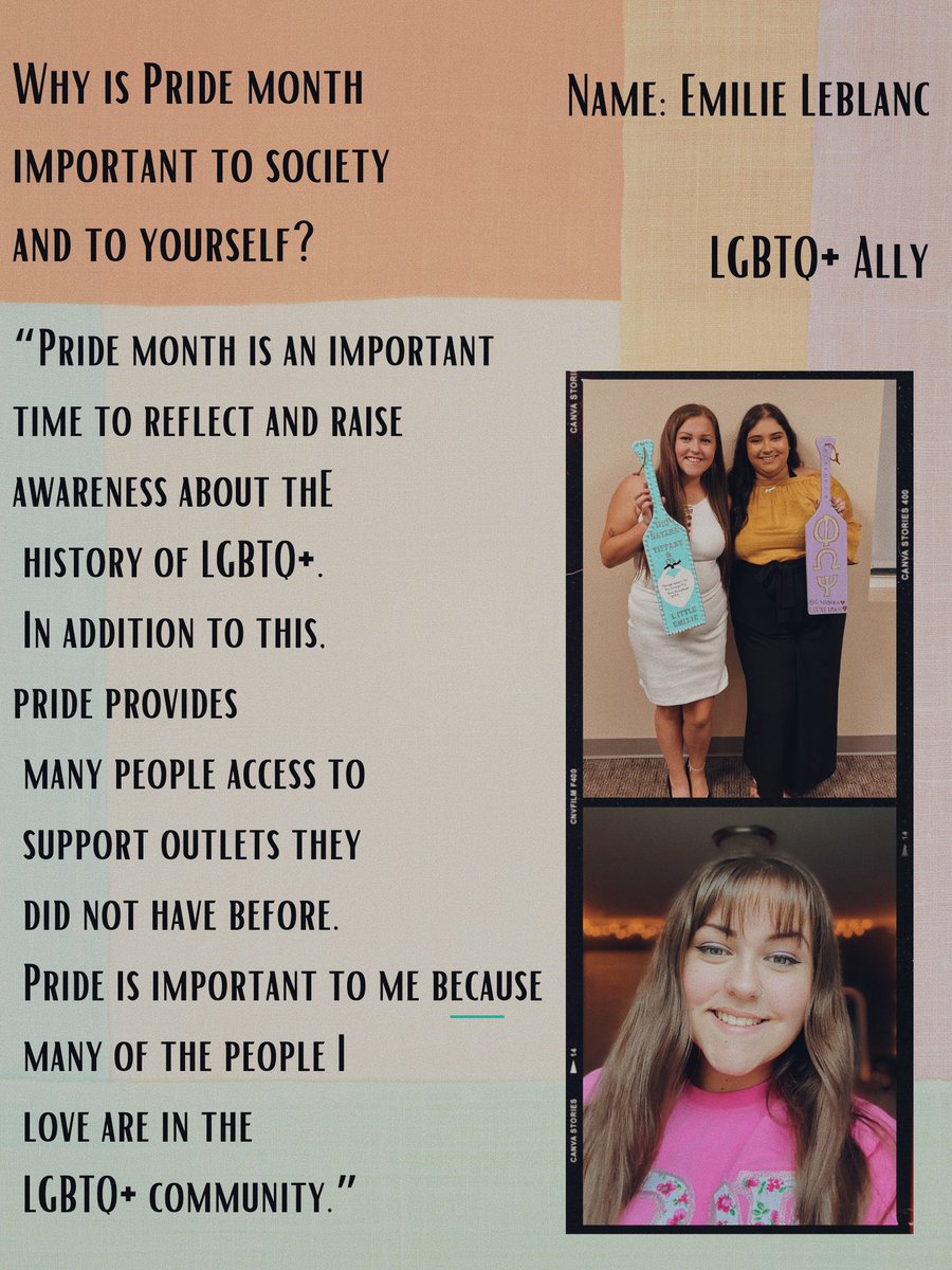 Today’s LGBTQ+ Ally sister highlight,
Emilie LeBlanc, our current Vice President! 🌈
“Pride month is an important time to reflect and raise awareness about this history of LGBTQ+. In addition to this, pride provides many people access to support outlets they did not have before.”