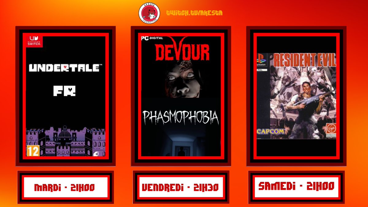 AkestaGaming's tweet photo. Voici le #planningtwitch de la semaine et en partie de la semaine prochaine ^^ .
Mardi on termine la good end d'#undertale. Vendredi ce sera du #phasmophobia et enfin du samedi au mardi suivant, on vivra en direct l'#E32021 ^^ .
#streamfr #twitchfr https://t.co/dAUHHHAZqG