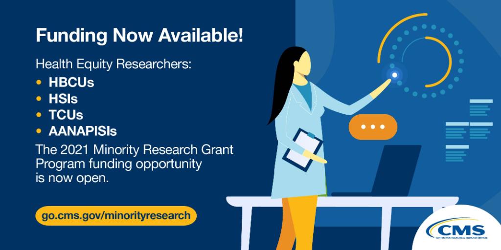 Funding Now Available!

Health Equity Researchers:
HBCUs
HSIs
TCUs
AANAPISIs
The 2021 Minority Research Grant Program funding opportunity is now open.
go.cms.gov/minorityresearch