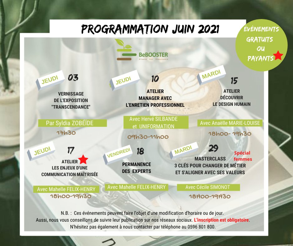 📢La programmation de Juin est enfin disponible : linktr.ee/bebooster _ Tous à vos agendas📅 Inscrivez-vous vite pour participer à nos ateliers !!! ⏳
#evenements #communication #formations