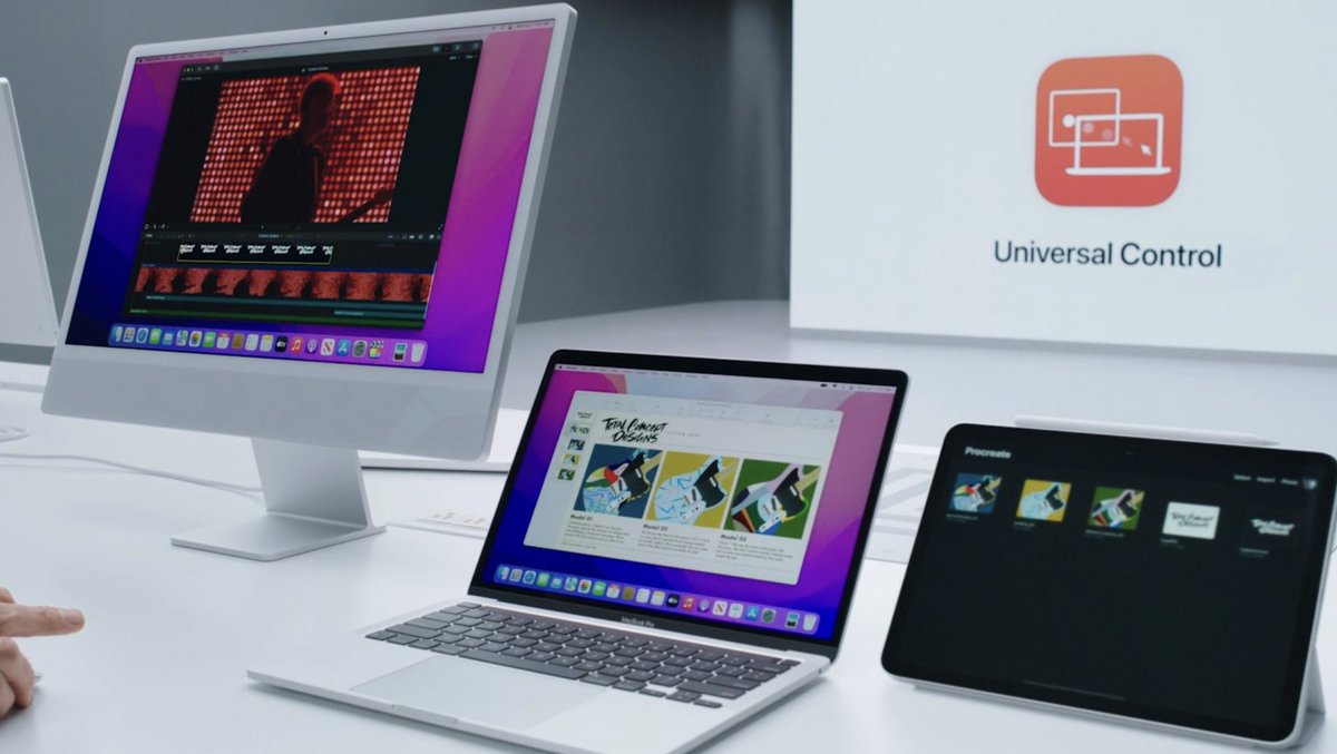 ijustine's tweet photo. Whoa, universal control allows you to use a keyboard and mouse across 3 different devices.. just put your iPad, MacBook or iMac next to each other! Such a cool demo… 

#WWDC21 https://t.co/CutqAdZodJ