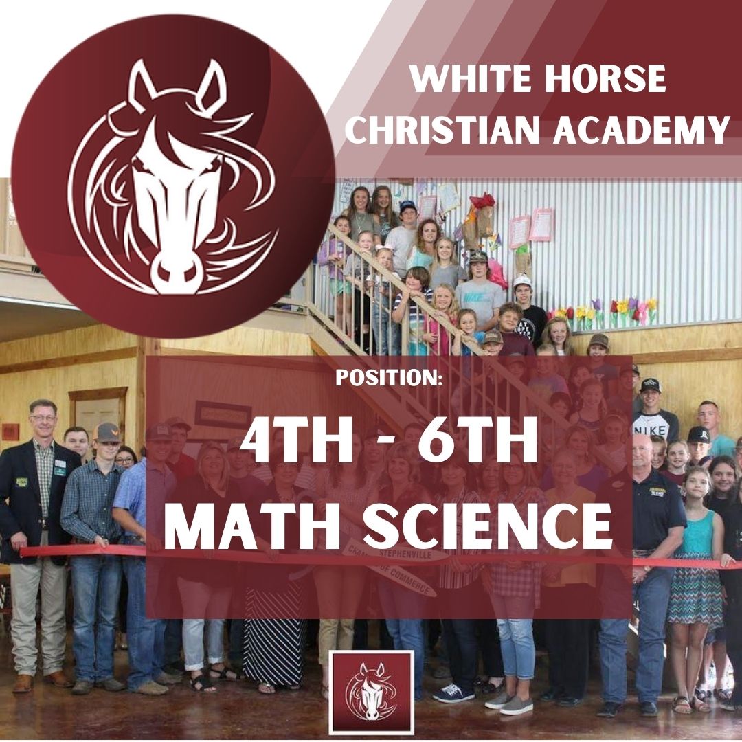 ❗Job Opportunity❗

Saddle up, y'all!
White Horse Christian Academy is looking to fill a 4th-6th Math Science position.
If interested, email Vanessa@whitehorseca.com
Interviews will begin next week, so go on and giddy up!

#TeamKINE #TSUkine #JobOpportunity #Centennial