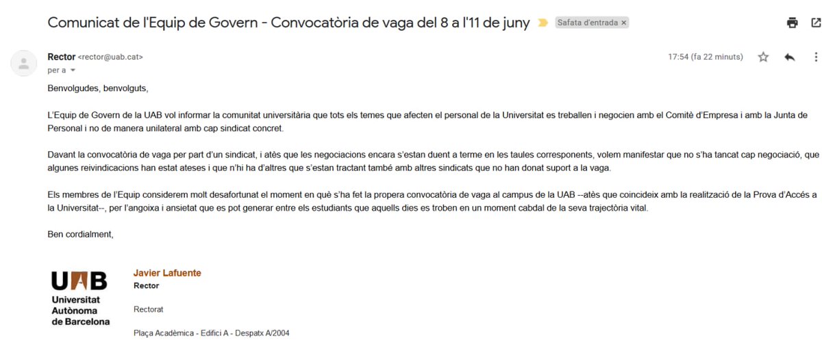 El rector de la <a href="/UABBarcelona/">Universitat Autònoma de Barcelona</a> novament assenyala l'acció sindical de la <a href="/CGT_UAB/">CGT UAB</a> . En una de les vegades en què fa anys ho van fer, van acabar denunciant-nos i promovent peticions penals de mes de 11 anys.
S'equivoquen si creuen que ens farem endarrere. 
Demà, #VagaUAB