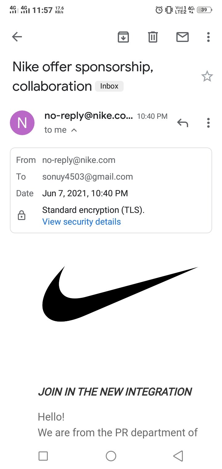 Sonu Yadav on "@Nike As I have received an email which a paid sponsorship collaboration from whose screenshot is attached below, here is the link - https://t.co/GZr7J9TqTv of