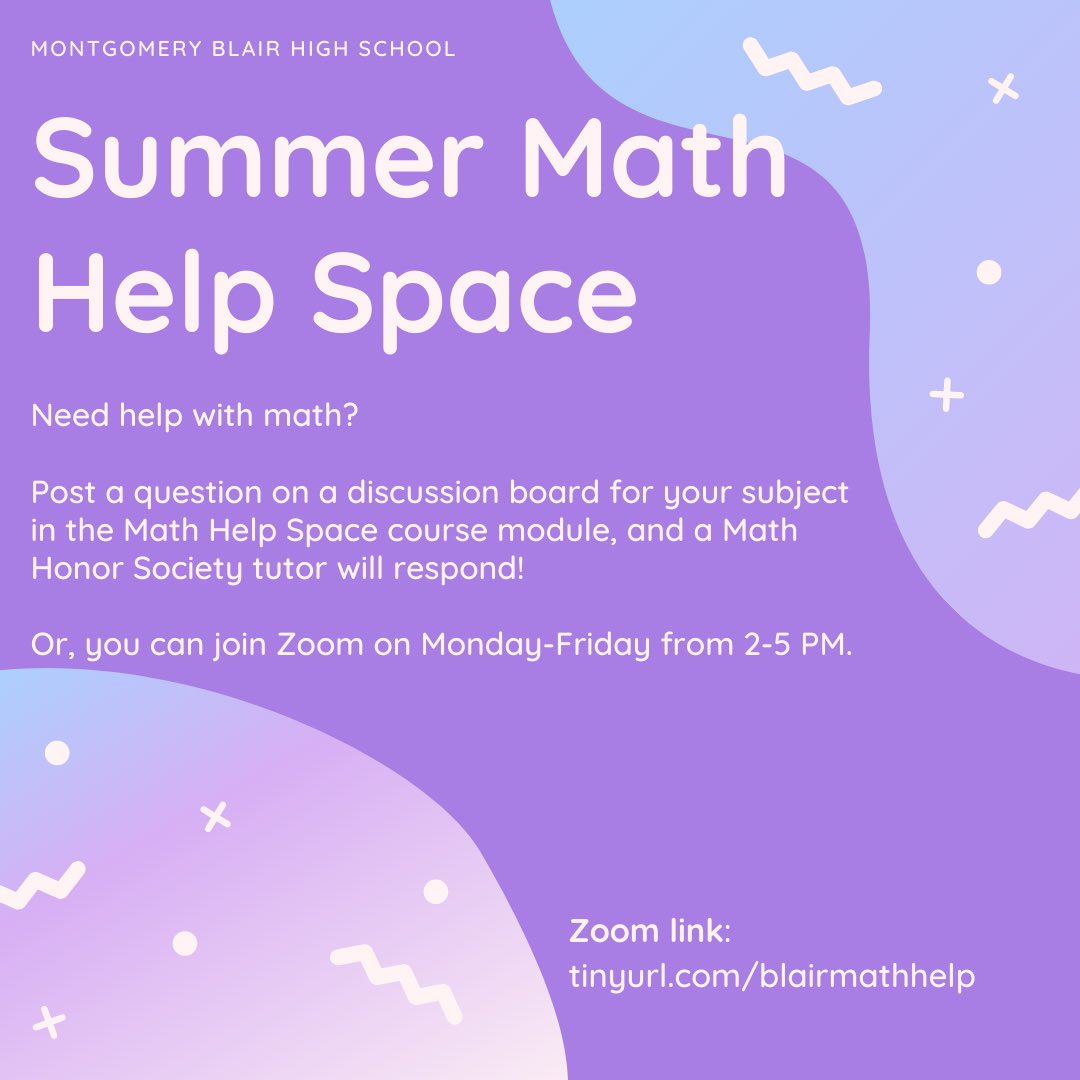 blairmathrocks's tweet photo. Math Help Space continues this summer! Join us on Zoom weekdays 2-5pm June 28-August 6 (no meeting July 5 or July 26) https://t.co/LC82CC43Ca