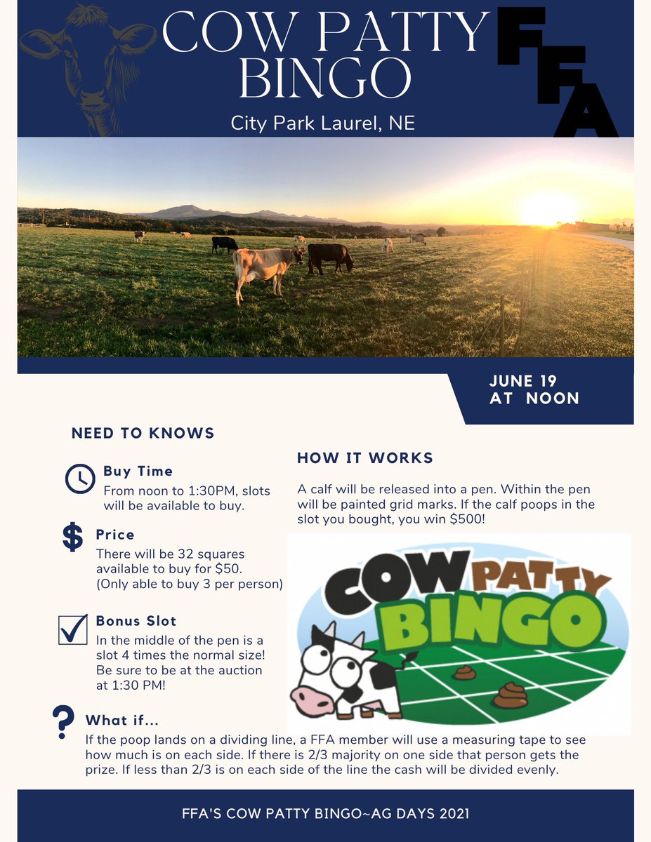 LCC_FFA's tweet photo. Join us on Ag Days for Cow Patty Bingo at the Laurel City Park! https://t.co/u8LkFfFiWu