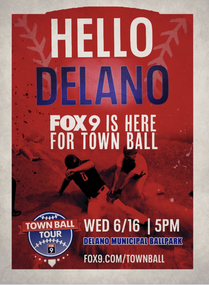 DelanoAthletics's tweet photo. Next Wednesday, June 16th we welcome @FOX9 to Delano Municipal Ballpark for the Town Ball Tour. Also, that evening, we will be hosting the @LorettoLarks in a @northstarleague game at 7:00 PM. https://t.co/ftiTVS0LkI