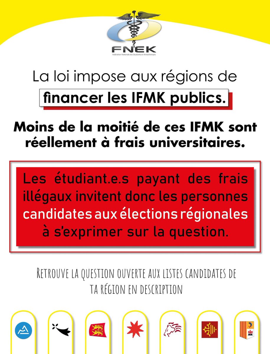 La_FNEK's tweet image. 🔵 #ActionPublic 🟡

Le financement des formations sanitaires sont normalement à la charge des régions 🙆🏻‍♂️

Les #etudiants #kines demandent aux listes candidates leur avis sur la question des frais universitaires non respectés au sein des IFMK publics 🗣