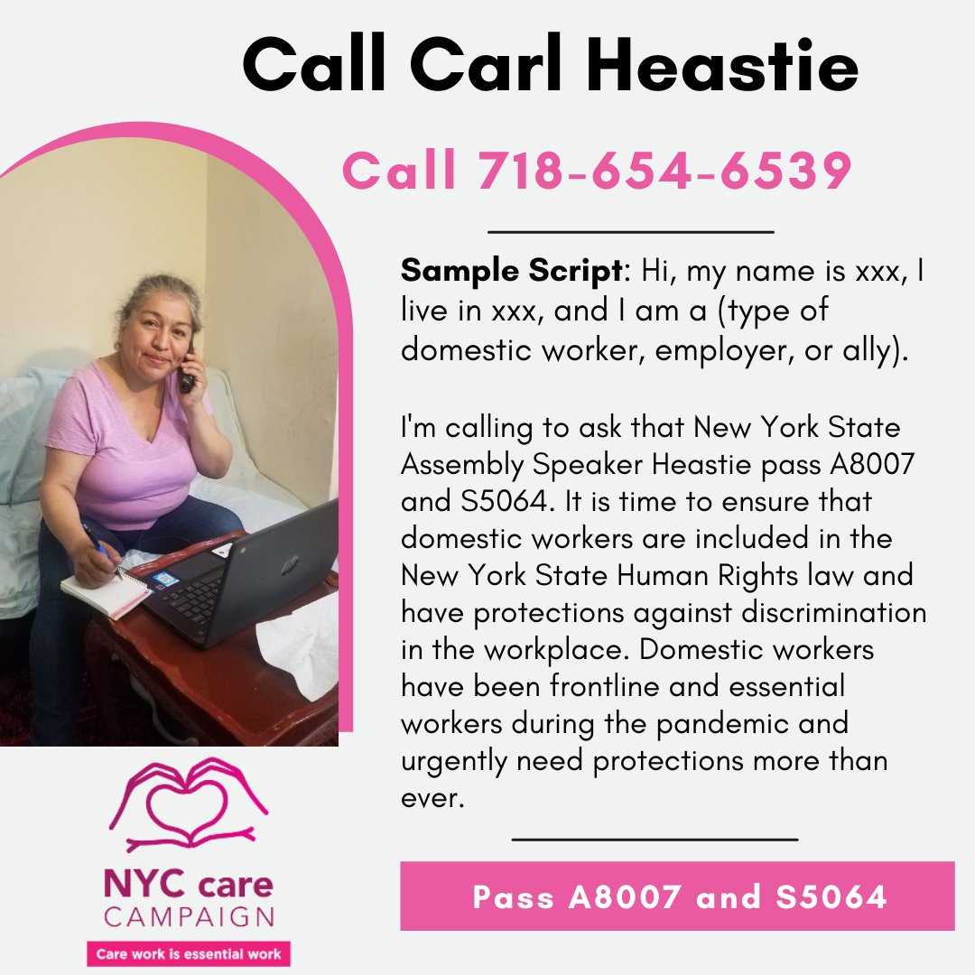 nyccoalition4dw's tweet photo. Did you know domestic workers are the only group of workers still excluded from full protection under the NY State Human Rights law? Call @CarlHeastie urging him to pass A8007/S5064 so domestic workers have the protections they deserve! @HiHemployers @NYDomWkrs @adhikaar @CGA_NPC https://t.co/GPQV4g78mh