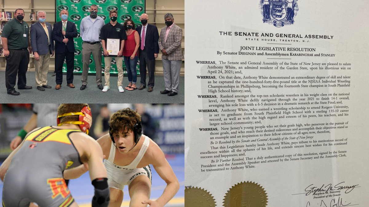I was honored to join Assemblymen <a href="/RKarabinchak/">Assemblyman Rob Karabinchak</a> and Sterley Stanley in presenting a joint New Jersey Senate and Assembly legislative resolution to <a href="/SPTigerStyle/">South Wrestling</a> state champion and future <a href="/RUWrestling/">Rutgers Wrestling</a> star Anthony White. Watch a video of the ceremony here bit.ly/AnthonyWhiteSP…