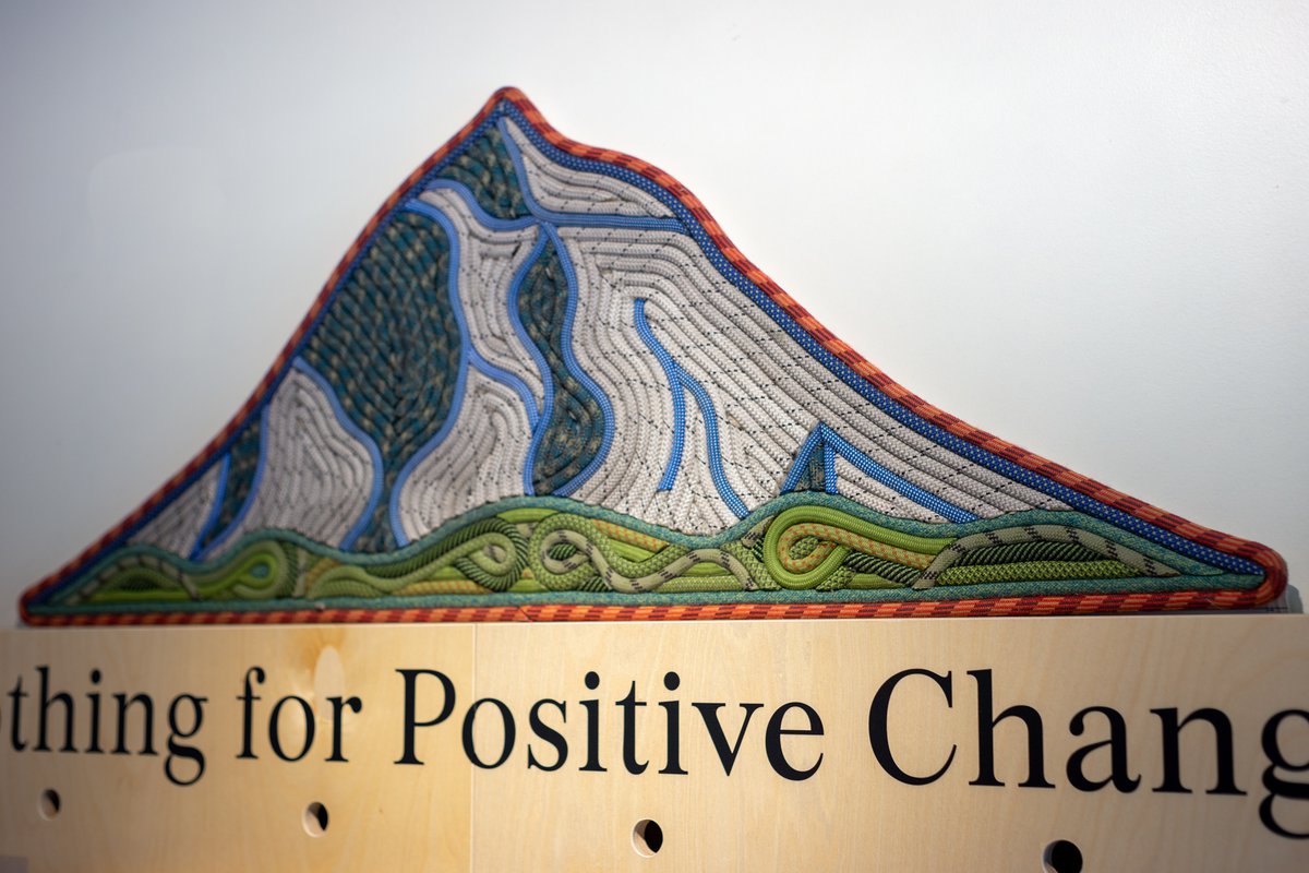 prAna's tweet photo. We tapped local Boulder artist, Jeff Lambert, to create these incredible upcycled pieces made from retired climbing ropes to represent our retail stores, both Flatirons for Boulder & Mt. Hood for Oregon. 🏔️ Don't miss seeing Jeff's one-of-a-kind commissions in person! ✨ #c4pc https://t.co/7lnPF74WPc
