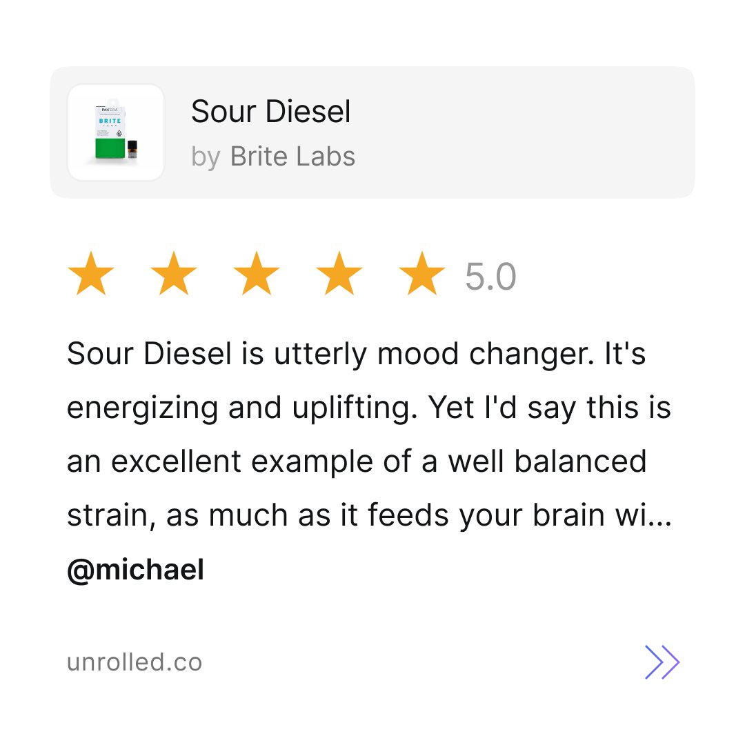unrolledapp's tweet photo. "Sour Diesel is utterly mood changer. It's energizing and uplifting. Yet I'd say this is an excellent example of a well balanced strain, as much as it feeds your brain with rocket fuel..." @britelabs

Download #unrolled https://t.co/VQgr97d9hi to check-in #cannabis products. https://t.co/AdBsle9xrJ