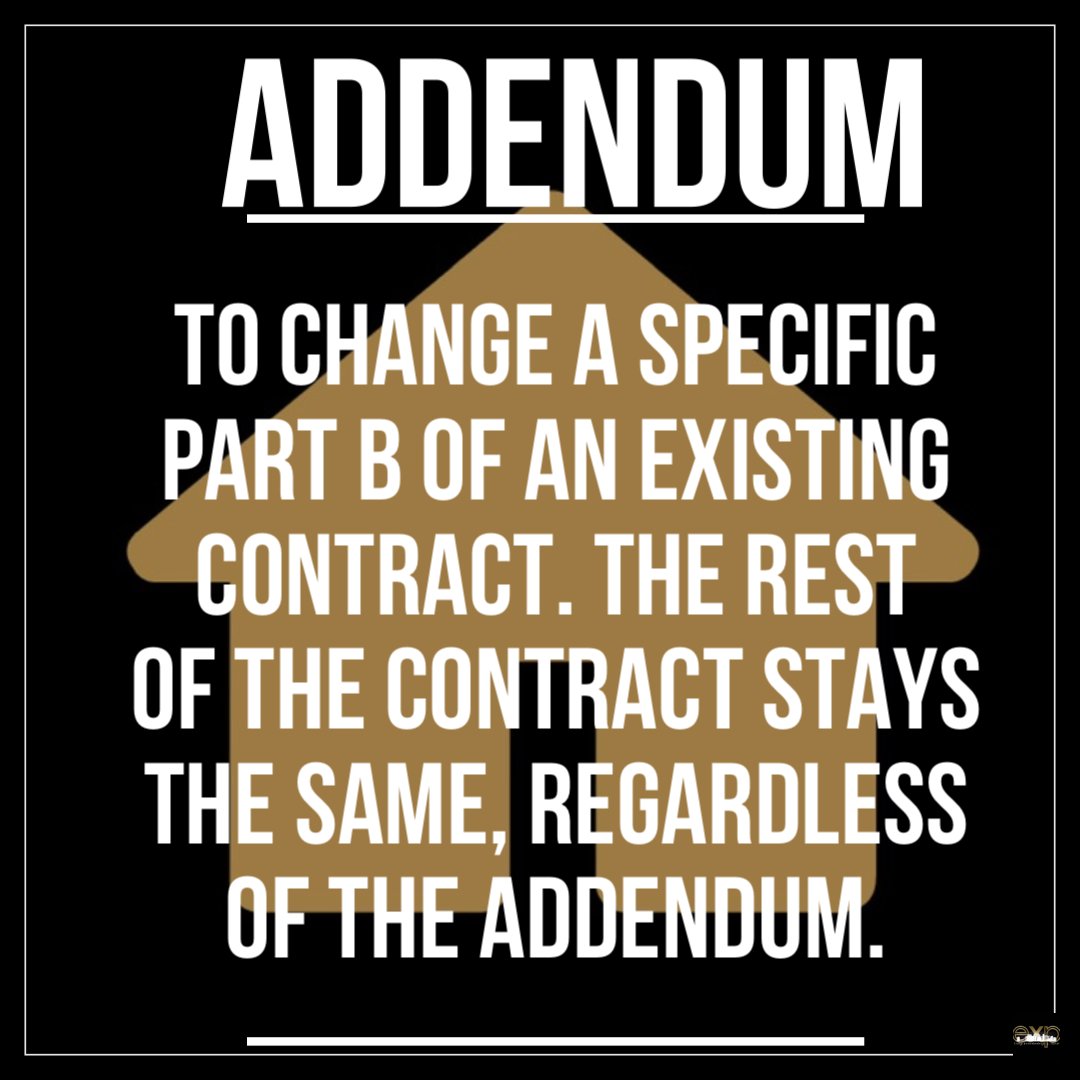 kateylb's tweet photo. Real Estste Vocabulary:

Your agent may ask you to sign an addendum. Sometimes changes are needed to stay in contract. This document is used to incorporate such changes and allows the other terms to stay the same. 

eXp Realty, LLC
S.0188737 https://t.co/lmhNfzKN6m