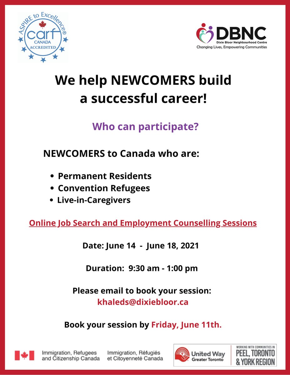 MyDBNC's tweet photo. Are you new to Canada? We can help you build a successful career! Join us for our online job search and employment counselling sessions from June 14th to June 18th, 2021. Please email us to book your session! #DBNC #DixieBloorCentre #NewcomersCanada #DBNCEmployment https://t.co/UrgjvnXoS0