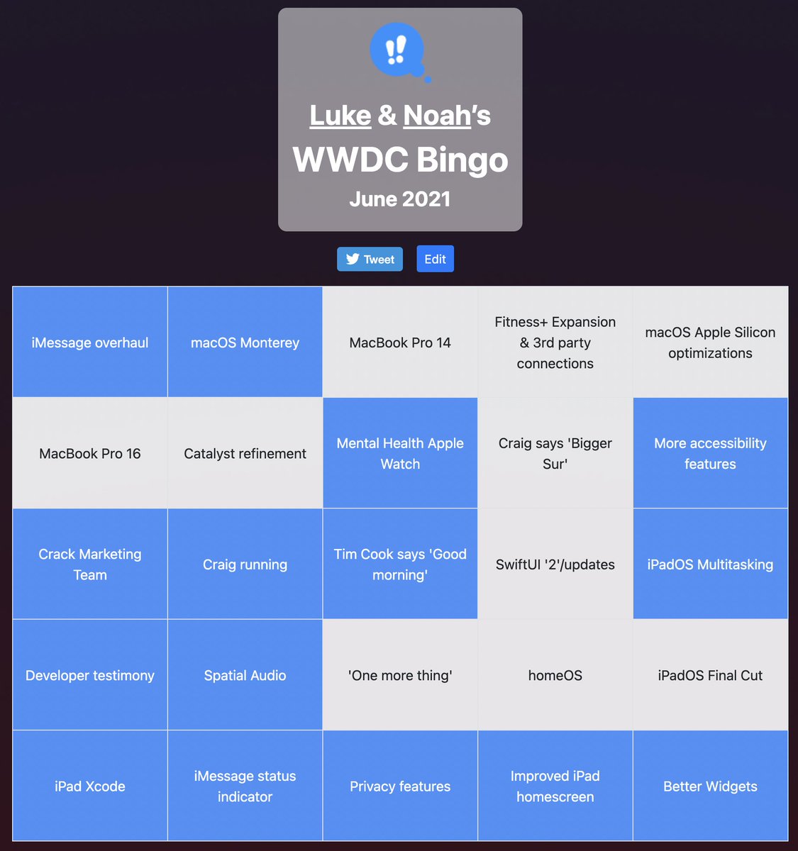 LukeMiani's tweet photo. Here was our final #WWDC21 #AppleEventBingo board! https://t.co/fvfhPzk36R