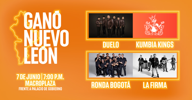 Samuel García, invitó a la ciudadanía a festejar su triunfo acompañado Kumbia Kings, Duelo, Ronda Bogotá y La Firma.

“Los esperamos hoy en punto de las 7:00 p.m. para celebrar que logramos sacar a la vieja política de Nuevo León”, dijo el político de Movimiento Ciudadano.