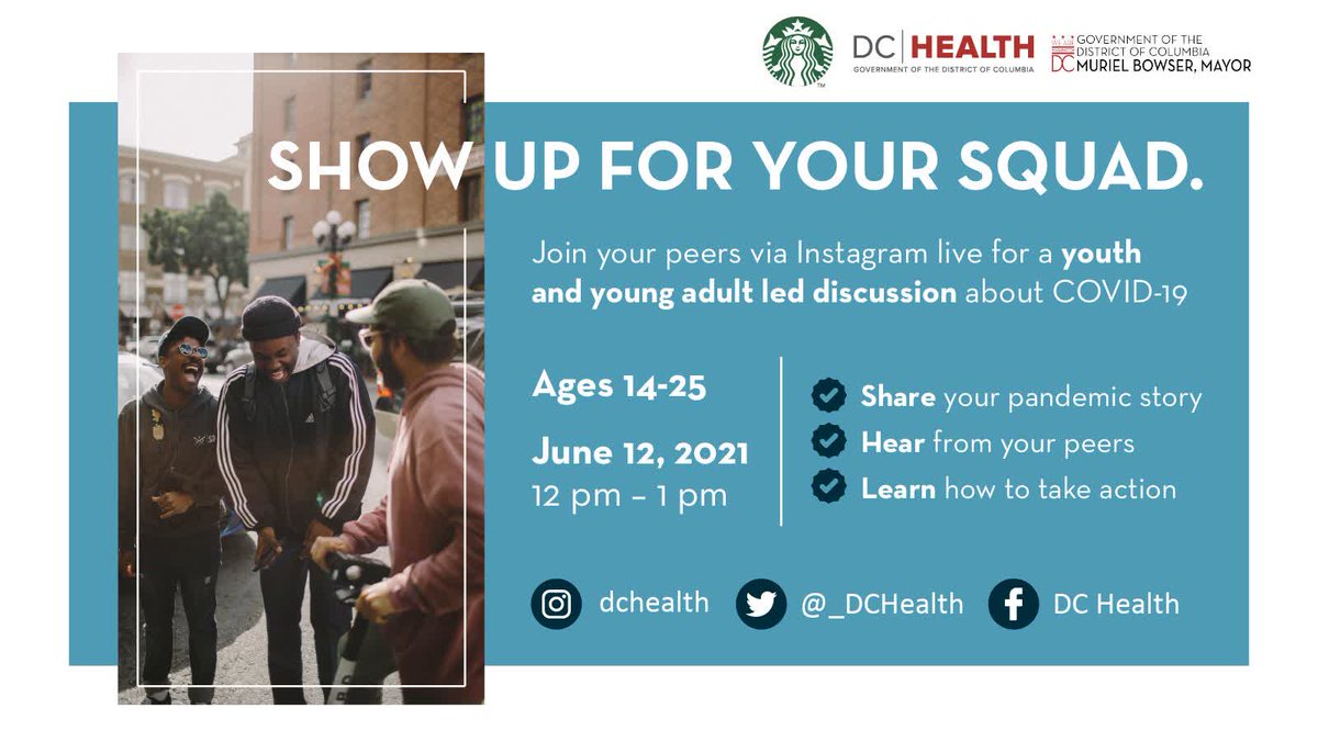 PrestigeCommun5's tweet photo. Join your peers via Instagram live for a youth and young adult-led discussion about #COVID19 on June 12, from 12:00 pm to 1:00 pm. All DC residents 12 years and older are now eligible to receive the COVID-19 vaccine. Visit: https://t.co/gg5DdOvbzE

#immunize... https://t.co/OP1zG6YtUH