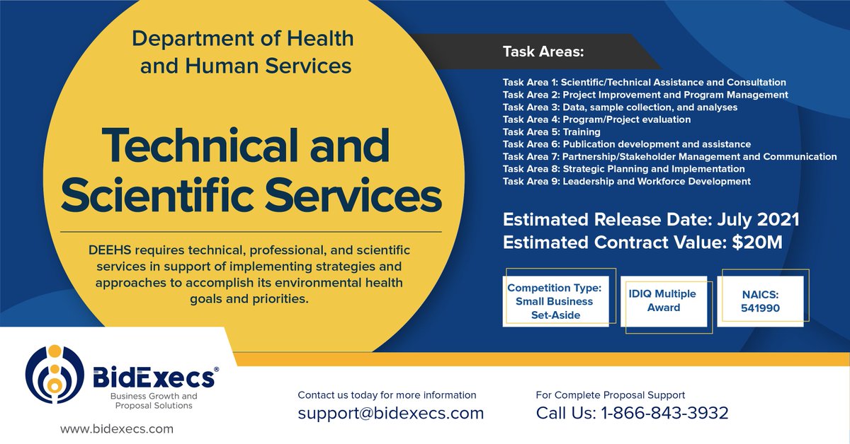 BidExecs's tweet image. IDIQ Monday Is Here! DEEHS requires technical, professional, and scientific services in support of implementing strategies and approaches to accomplish its environmental health goals and priorities.
#proposalwriting #proposalmanagement #proposalhelper #govcon