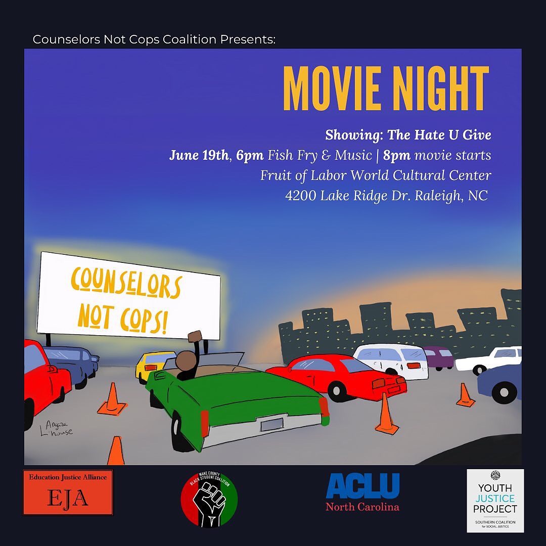 JUNE 19 at 8 PM ET: Join our partners, <a href="/EJAlliance/">Energy Justice Alliance (of Westchester NY)</a>, <a href="/wcbscnc/">Wake County Black Student Coalition</a> and <a href="/ACLU_NC/">ACLU of North Carolina</a> at a Juneteenth Movie Night showing of The Hate U Give!

And come at 6 PM for a fish fry at the Fruit of Labor World Cultural Center. 

Date: Sat, June 19 at 8 PM ET
Location: 4200 Lake Ridge Dr, Raleigh