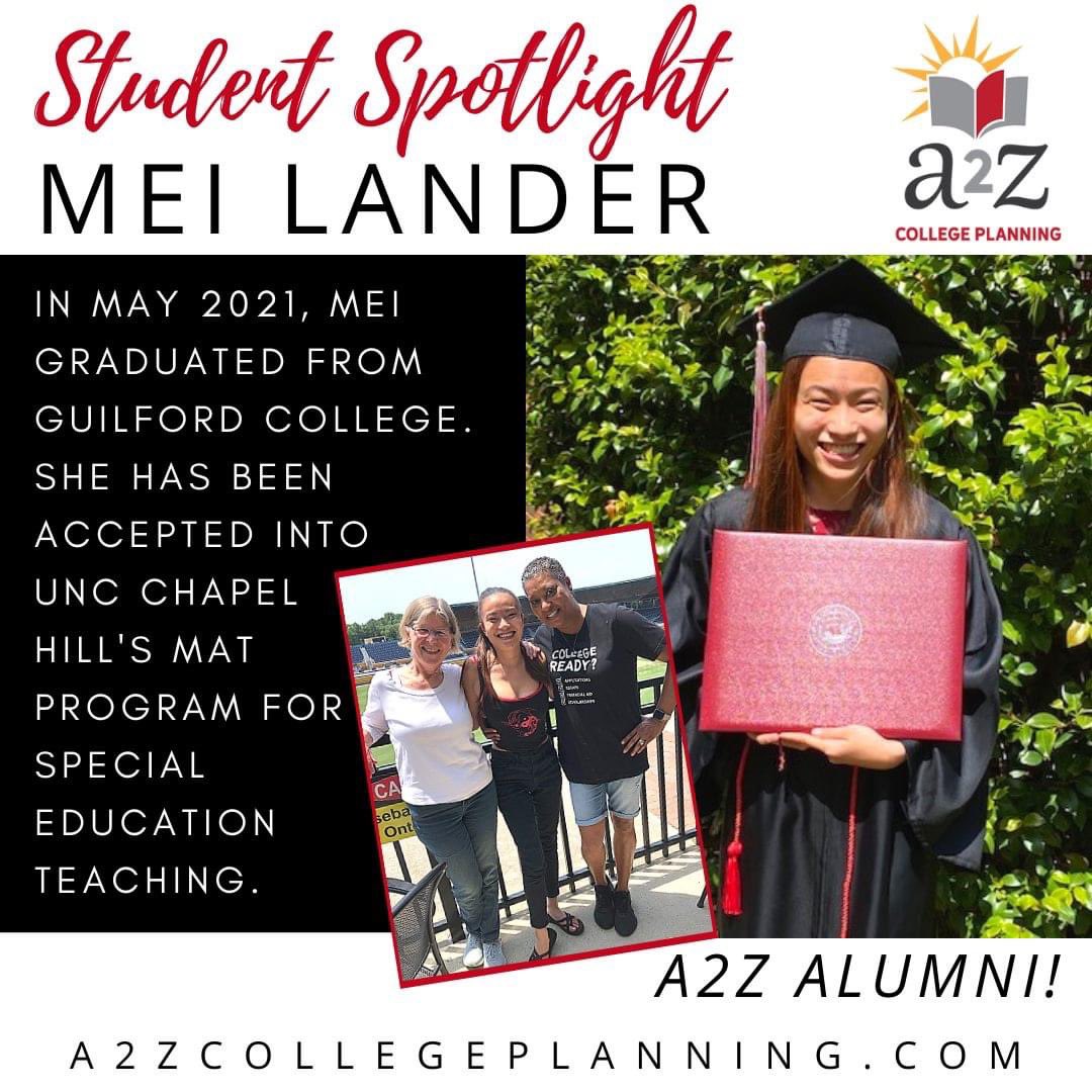 a2zcollegeplan's tweet photo. STUDENT SPOTLIGHT // Congratulations to Mei Lander, A2Z Alumni! In May 2021, Mei graduated from @GuilfordCollege . She has been accepted into the @UNC MAT Program for Special Education Teaching. #APlanforSuccess #A2ZCollegePlanning https://t.co/Vw8n9z5Od9
