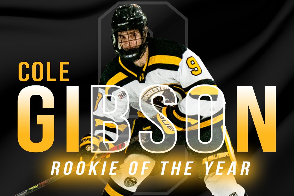 RochesterGrizz's tweet photo. Congratulations to the Rochester Grizzlies Rookie of the Year, Cole Gibson!

The Eagan, MN, native logged an impressive 23 points in 35 games for the Grizz in his first year. https://t.co/rngM9PN7sD