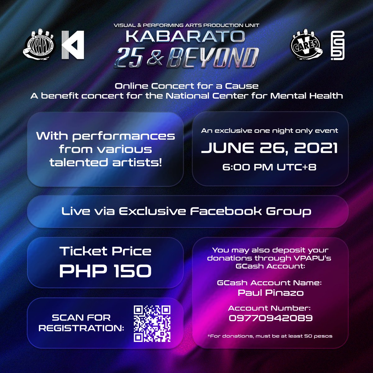 VPAPUofficial's tweet photo. 𝙆𝘼𝘽𝘼𝙍𝘼𝙏𝙊 25 & 𝘽𝙀𝙔𝙊𝙉𝘿
A benefit concert for the National Center for Mental Health. With performances from various talented artists! An exclusive one-night-only event -June 26, 2021 | 6:00 PM UTC+8 - Live via Private Facebook Page.
#KABARATOLive
#VPAPU
#VCARES https://t.co/8NNUuHZouq
