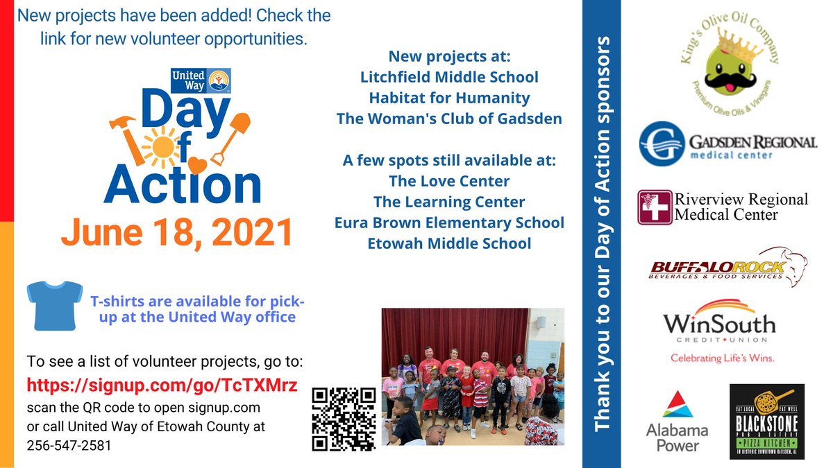 Day of Action volunteer opportunities are still available.  Join 500 volunteers who will be completing community service projects in Etowah County on the Best Day Ever!