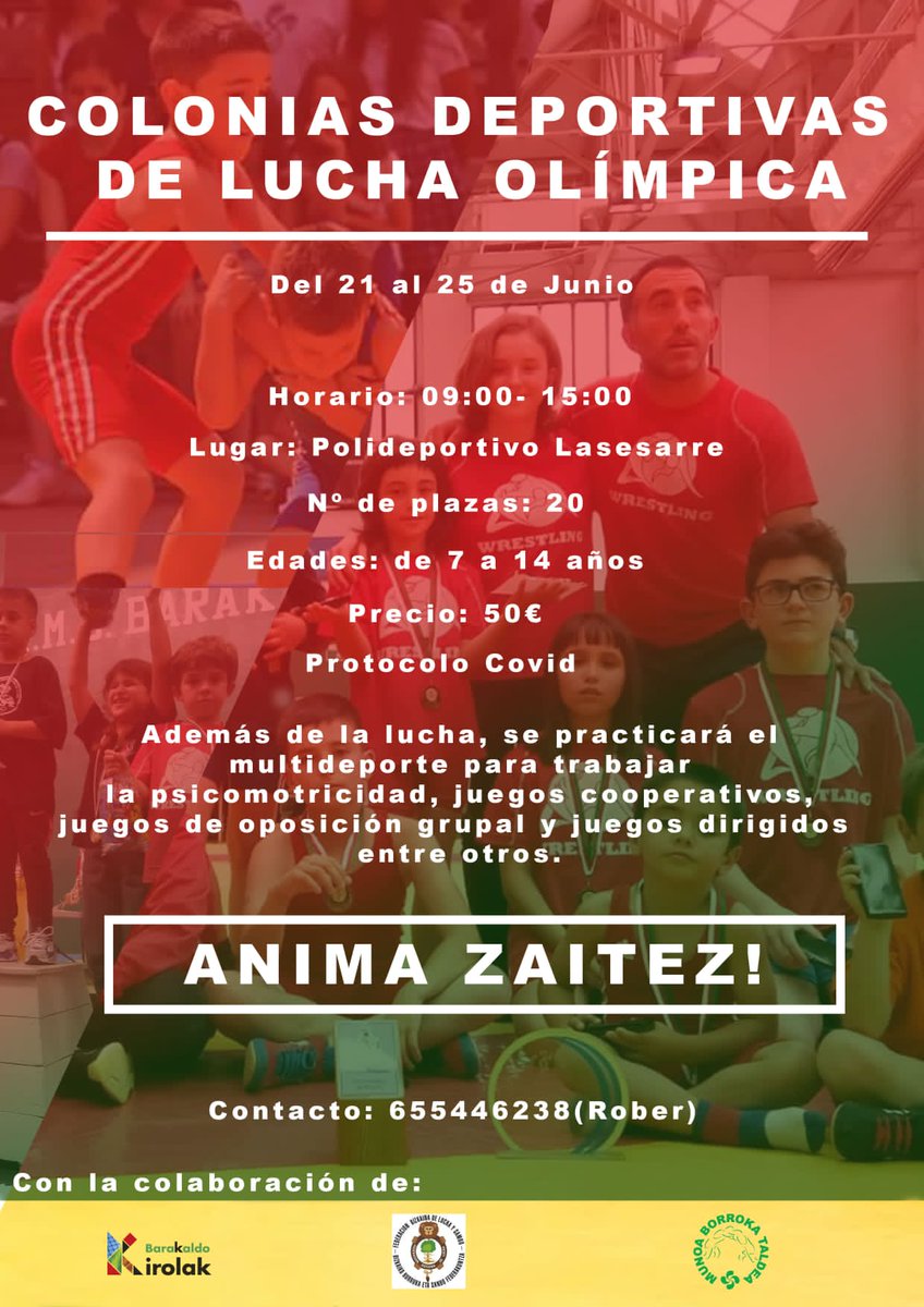 Para comenzar bien el verano... ¿qué mejor que conocer este gran deporte con los más pequeños? 
¡Anímate y apúntate a 5 días de iniciación a la lucha olímpica entre muchas otras actividades!
(Todo bajo protocolo covid,  claro) 
🤼🏽‍♀️🤼🏻‍♂️🤼🏻🤼🏻‍♀️🤼🏽🤼🏾‍♀️🤼🏼‍♂️
