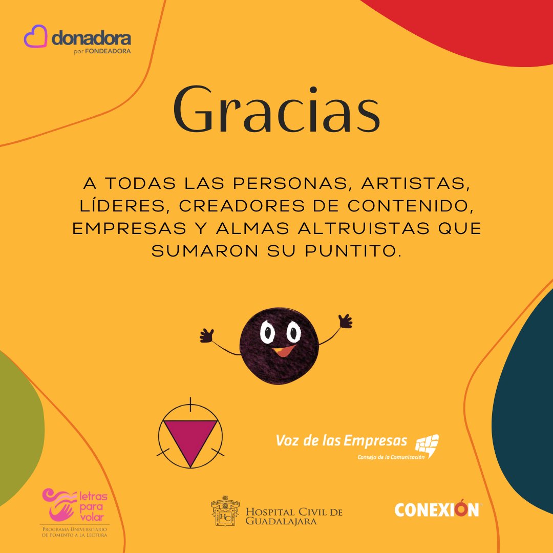 ¡Gracias a todos los que sumaron su Puntito logramos superar nuestra meta! Sin su invaluable apoyo no lo habríamos logrado.
<a href="/DonadoraOrg/">Donadora</a>  <a href="/lagusanaciega/">La Gusana Ciega</a>  <a href="/Conexion_CNX/">Conexión</a> <a href="/HospitalCivil/">@HospitalCivil</a>  @letrasparavolar <a href="/ConsejoCC/">Consejo Comunicación</a>   <a href="/Lasof721/">Angélica Lasof</a> @LuMtzNovelo <a href="/danielgusana/">Daniel Gutierrez</a> <a href="/Germanarro/">German Arroyo</a> 
<a href="/MAXIMA1067FM/">MÁXIMA 106.7 FM</a>