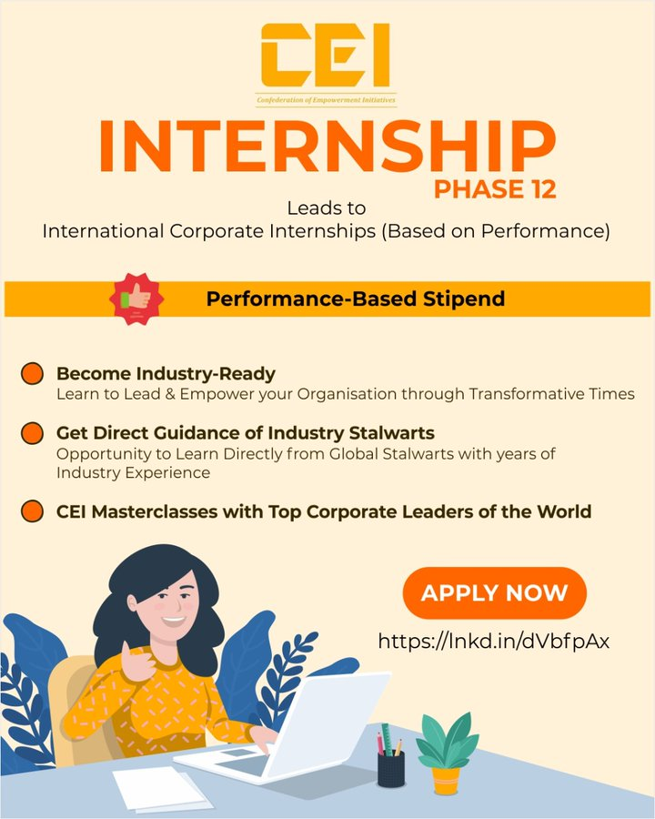 CEIempowers's tweet photo. #Internship_Alert

CEI INTERNSHIP PHASE-12 for Students (All years and domains)

APPLY Now: https://t.co/pWYCo3rhLo

This Internship develops In-Demand Soft-Skills in the Youth of today, enhancing their probability of success in the Post-COVID World &amp; their ability to stand out. https://t.co/4p3jVLOjcG