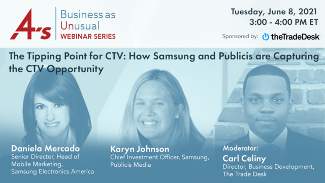 PublicisMedia's tweet photo. Tune in tomorrow to see our Chief Investment Officer Karyn Johnson join @Samsung’s Daniela Mercado &amp; @TheTradeDesk’s Carl Celiny in a @4As webinar about the shifting TV landscape &amp; how we are capturing the #CTV opportunity. https://t.co/5OYS6lXs3j https://t.co/I4Ddlk8N1T