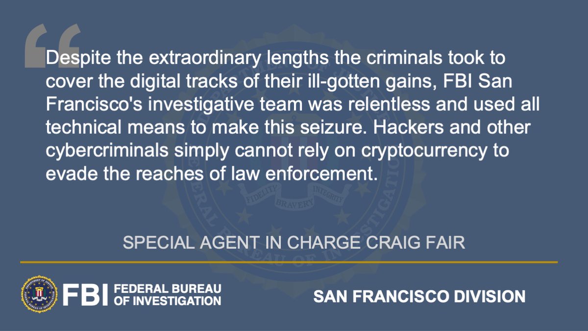 Breaking: #FBI San Francisco led a U.S. government operation to seize $2.3  million in cryptocurrency paid to the ransomware extortionists Darkside,  which had targeted Colonial Pipeline resulting in critical infrastructure  being taken