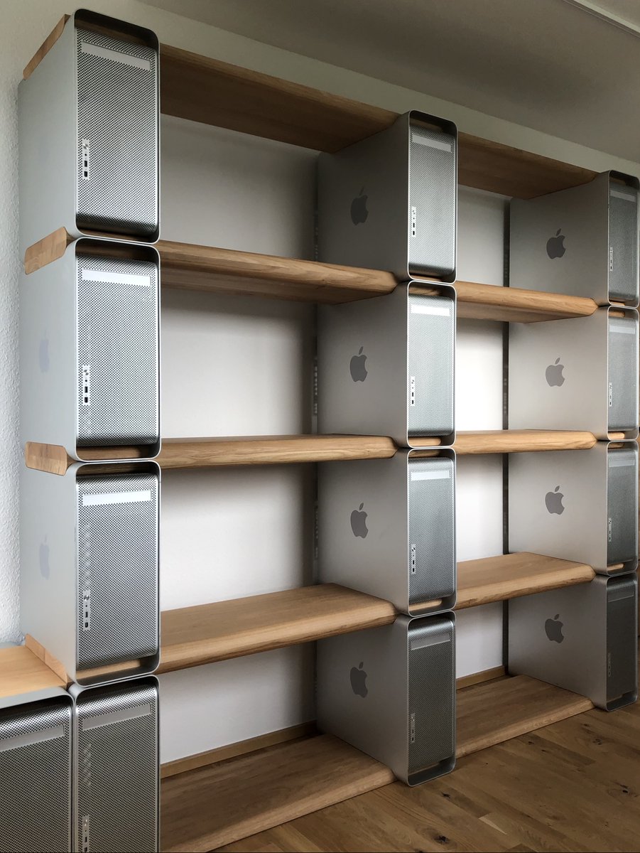 Completed an upcycling shelf based for the home office on Apple Power Mac G5 cases. Took some time from the idea, over collecting the cases until producing the shelf boards. With the result all the efforts was worth. 
#Apple #PowerMacG5 #upcycling #homeoffice