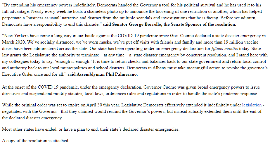 nysenategop's tweet photo. INBOX 🗞️⬇️
#NYSenateGOP & @NYS_AM: End the Disaster Emergency Declaration NOW!
#EndTheEmergencyPowers #RestoreLocalControl
READ THE RELEASE & RESOLUTION ⬇️ https://t.co/ONmeTLdQT0