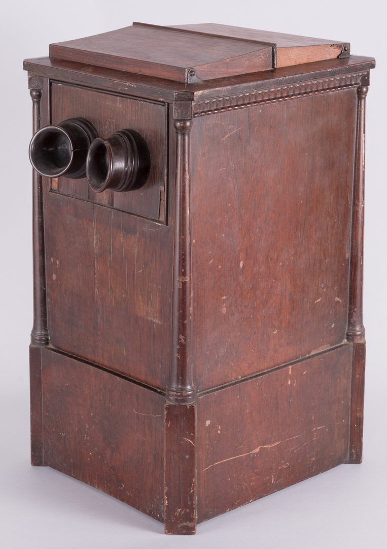 RealPreCinema's tweet photo. 1860s
SWEETHEART REVOLVING STEREOSCOPE
Becker Style ‘Sweetheart’ Tabletop #Stereoscopic double viewer in mahogany case with revolving handle and metal lever. Top wooden panels open to reveal rotating interior. American made, mid/late 19th century. https://t.co/IrAJBriPpH