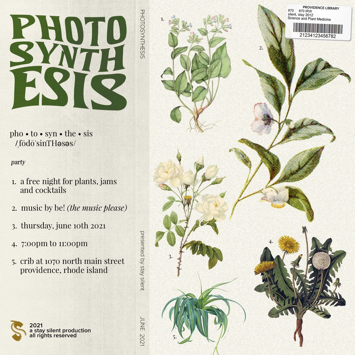 PHO·TO·SYN·THE·SIS – a free night of plants, jams and cocktails at <a href="/cribpvd/">Crib (Providence, RI)</a>.

Join us this Thursday, June 10th from 7pm to 11pm for the first PHOTOSYNTHESIS, featuring a live DJ set by 
<a href="/___bryant/">Be!</a>.

Free with RSVP, visit staysilentpvd.com.