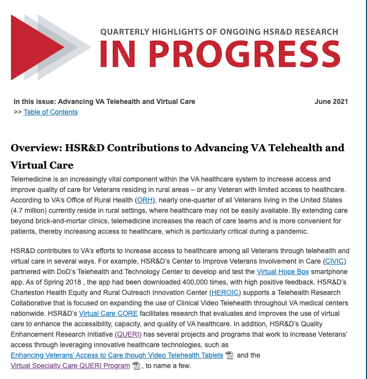 vahsrd's tweet photo. The latest issue of HSR&amp;D In Progress looks at research to advance telehealth and virtual care. 

https://t.co/gbDHDKhDsq https://t.co/eh5FNEOOnn