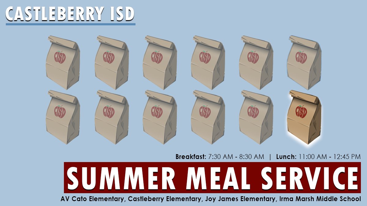 #CastleberryISD is offering free meals to all 18 and under, Mon-Fri, until July 1. Breakfast: 7:30 AM - 8:30 AM; lunch: 11:00 AM - 12:45 PM in the cafeteria at <a href="/IMMSLions/">Irma Marsh Middle School</a>, #AVCato, #JoyJames, and #CEroars. No curbside service. Children may eat in the cafeteria or take to go.