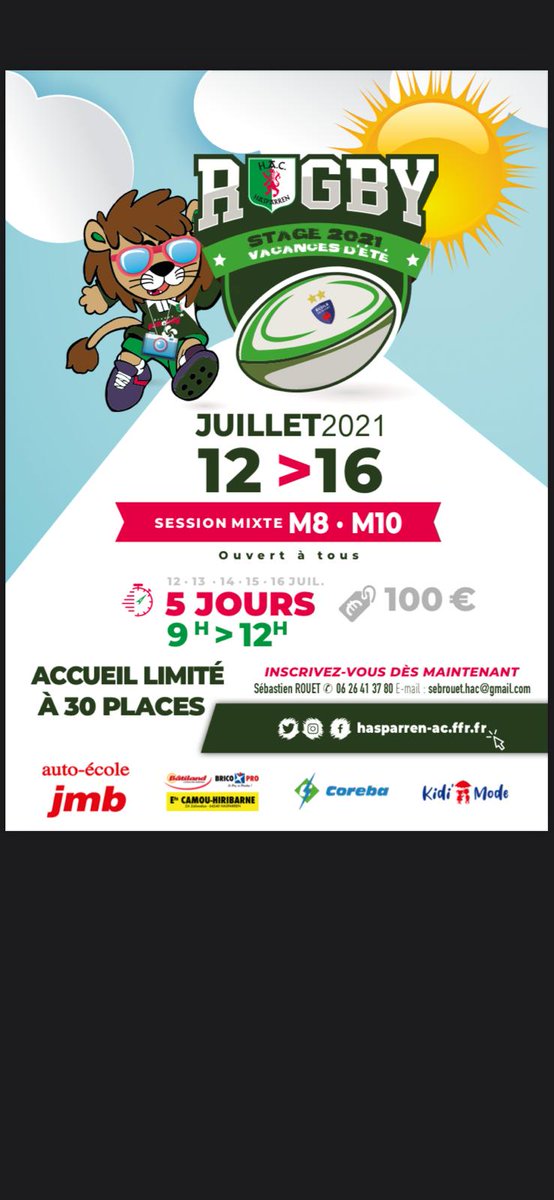 Ils sont de retours!!
Les stages rugby du <a href="/HasparrenAC/">Hasparren A.C.</a> organisés par <a href="/sebrouet/">seb rouet</a> Inscriptions ouvertes dès aujourd’hui, ouvert à tous (M8, M10, M12) et seulement les licencié(e)s FFR pour les M14!! @guillaume_rouet <a href="/guillaumeducat/">Ducat Guillaume</a> <a href="/MonribotJ/">jean monribot</a> #rugby <a href="/FranceRugby/">France Rugby</a> <a href="/ligue_na_rugby/">Ligue Nouvelle-Aquitaine de Rugby</a>