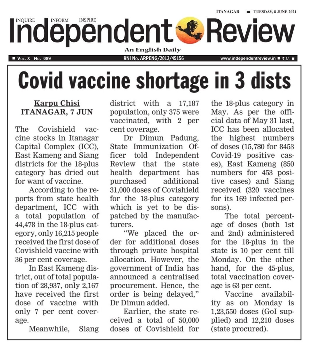 Covid vaccine shortage in 3 districts of Arunachal 
@PemaKhanduBJP @PMOIndia @KirenRijiju @libang_alo @INDEPENDENTREV3 @ninong_erring @Jarpum @eclectictweets @DCMArunachal