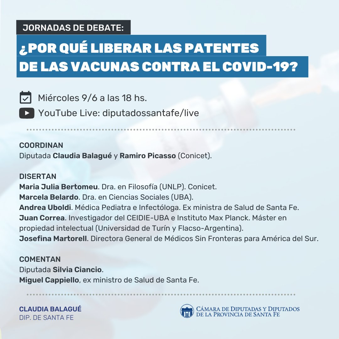 Los y las esperamos este miércoles con el fin de debatir acerca de la #liberacióndepatentes de las #vacunasCOVID19. Nos acompañarán 5 especialistas en diferentes áreas del conocimiento que sumarán su  mirada experta al debate.
👉Seguilo: youtube.com/user/diputados…