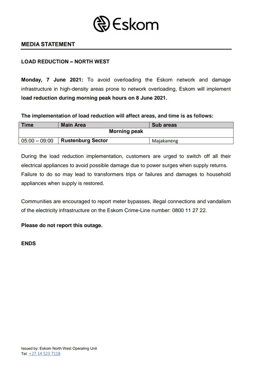Eskom_SA's tweet photo. Eskom Load Reduction Notice

Date: 7 June 2021

#EskomFreeState #EskomNorthWest #EskomKZN #EskomLimpopo

Please see below, provincial statements with details and areas that will be affected by load reduction tomorrow morning, between the hours of 05:00 to 09:00. https://t.co/fXO7JApDjL