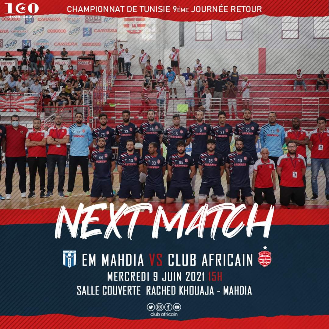 clubafricain's tweet photo. | #LOADING |  🔜 Next-Game 🇦🇹🤾‍♂️
🆚 | El Makarem de Mahdia
🏆 | Play-Off   journée 9
🕒 | 15h -   Mercredi     09 juin 2021 
🏟 | Salle Couverte  Rached Khouaja - Mahdia
#ClubAfricain #Handball #EMMCA https://t.co/hmZdK32wpr