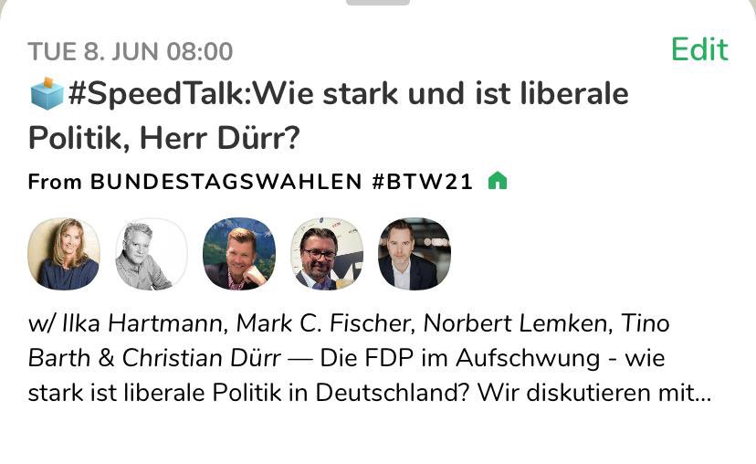 Morgen am (8. Juni) um 8:00 Uhr letzte Runde #Speedtalk #BTW21 im #ClubHouse mit FDP-Politiker #ChristianDürr, MdB, zum Thema: “Die FDP Freie Demokraten im Aufschwung: wie stark ist liberale Politik in Deutschland?” Wir freuen uns : @ilka_hartmann @Mark_C_Fischer @NorbertLemken